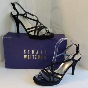 Stuart Weitzman Path Black Satin Strappy Open Toe Heels 8M